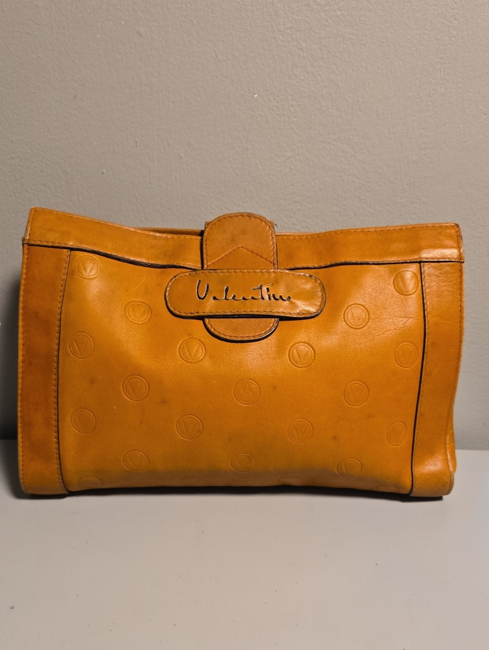 Valentino Vintage Cognac Embossed Leather Clutch